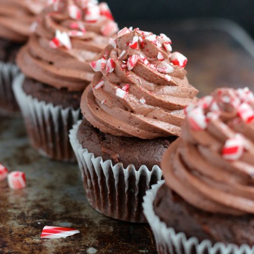 Candy Cane Chocolate Mousse Macaroon Cups