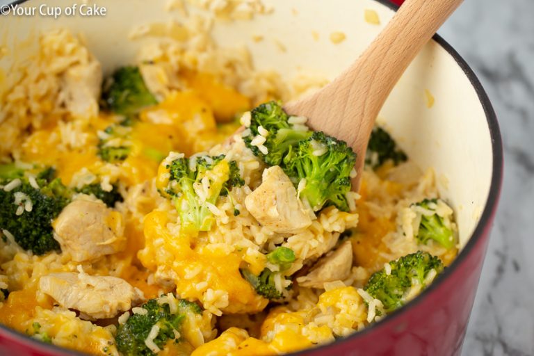 One Pot Cheesy Chicken Rice And Broccoli - Your Cup Of Cake